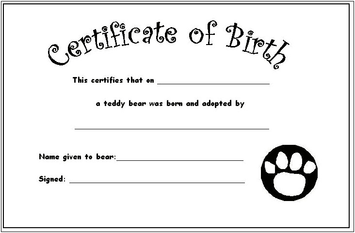 Stuffed Animal Adoption Certificate Template Free