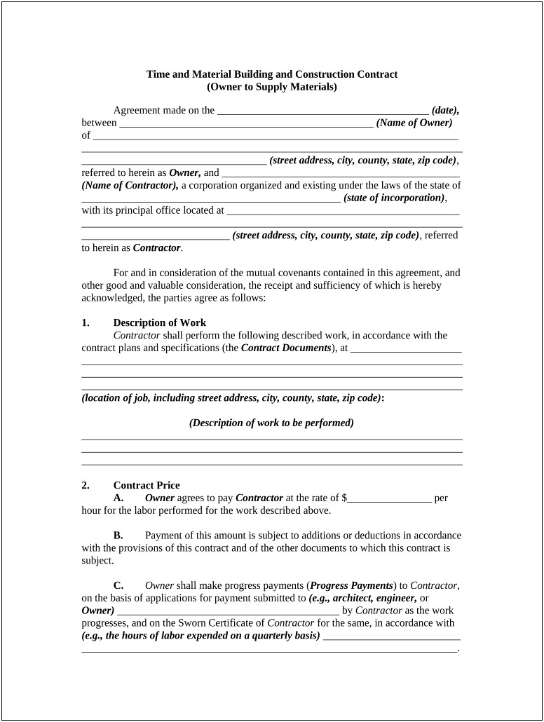Time And Materials Contract Template Free