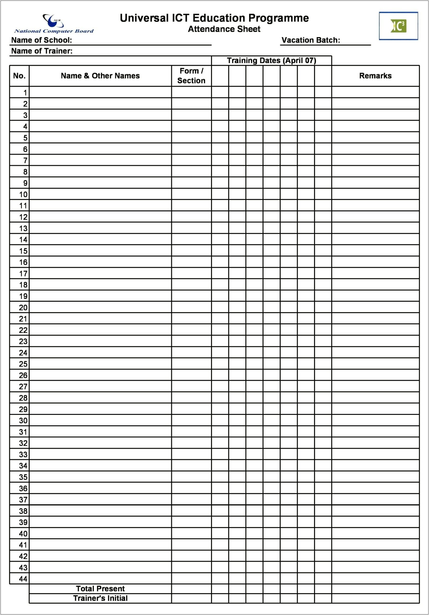 Training Sign In Sheet Template Free