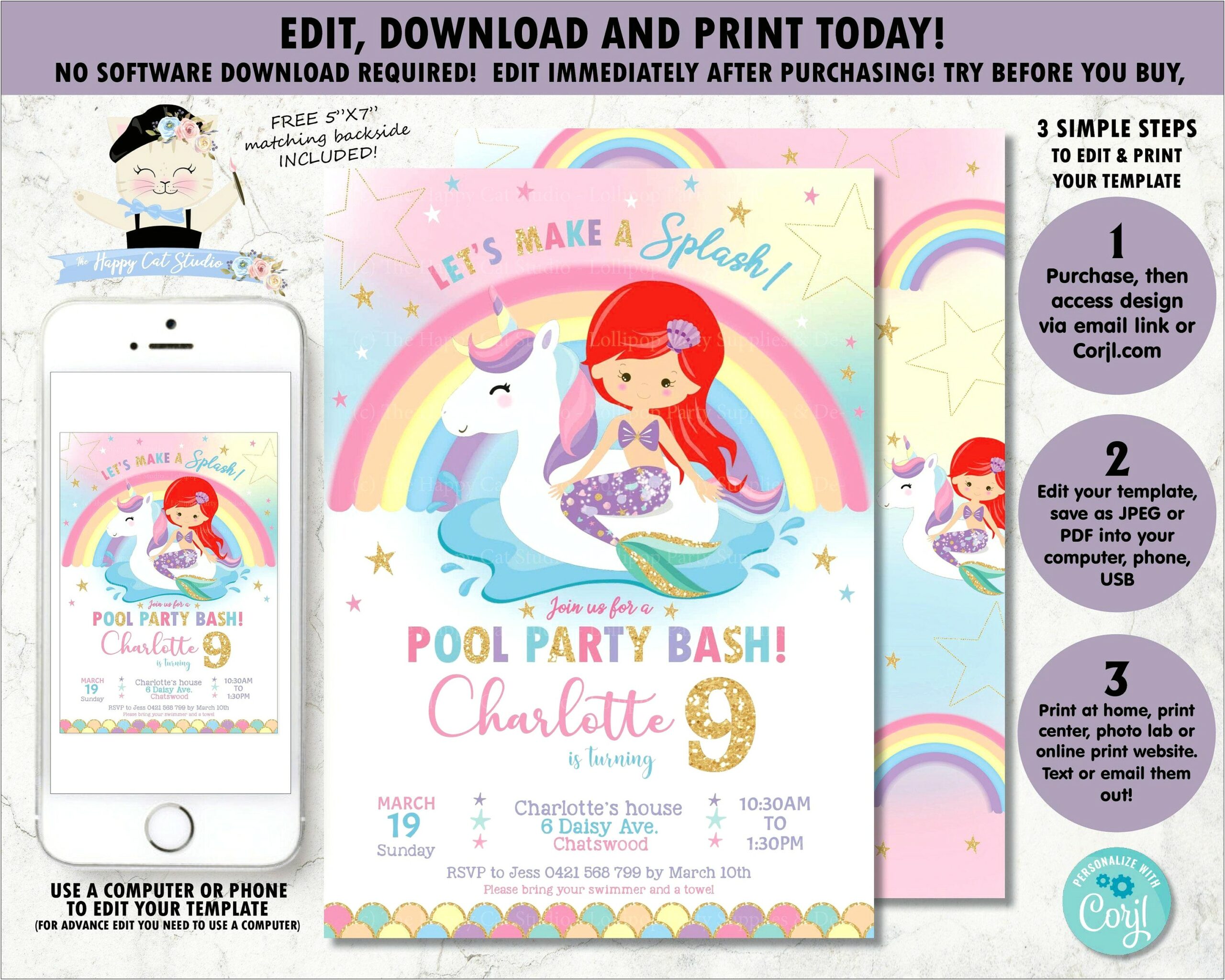 Unicorn Pool Party Invitation Template Free