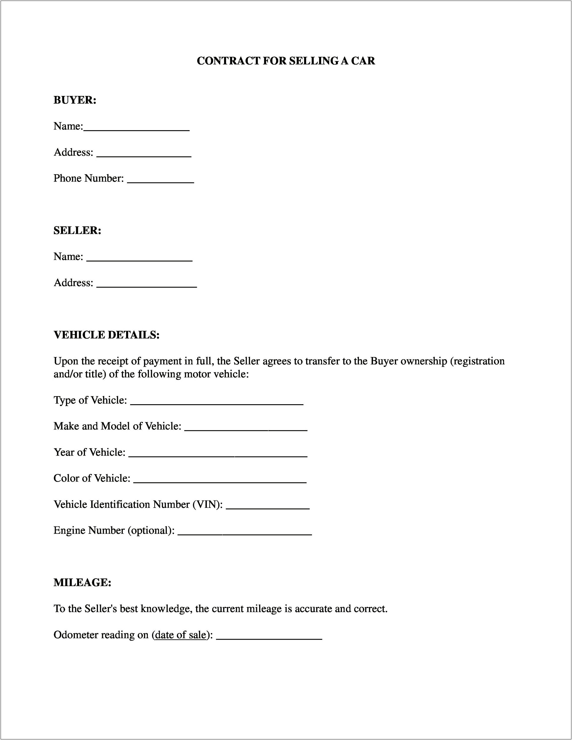 Used Car Sales Contract Template Free