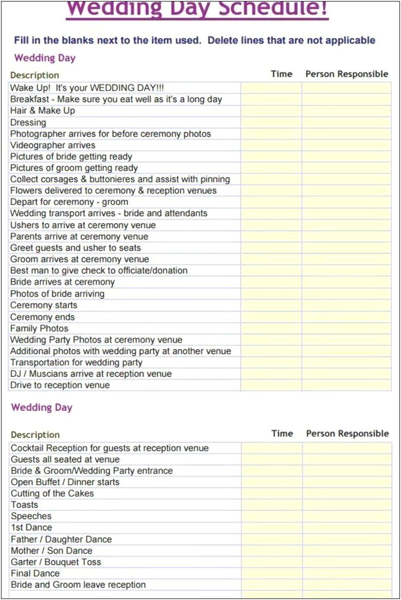 Wedding Day Timeline Template Download Free