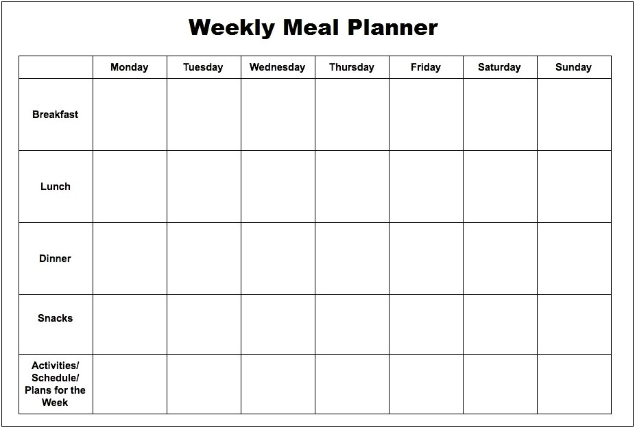 Weekly Meal Planner Template Printable Free