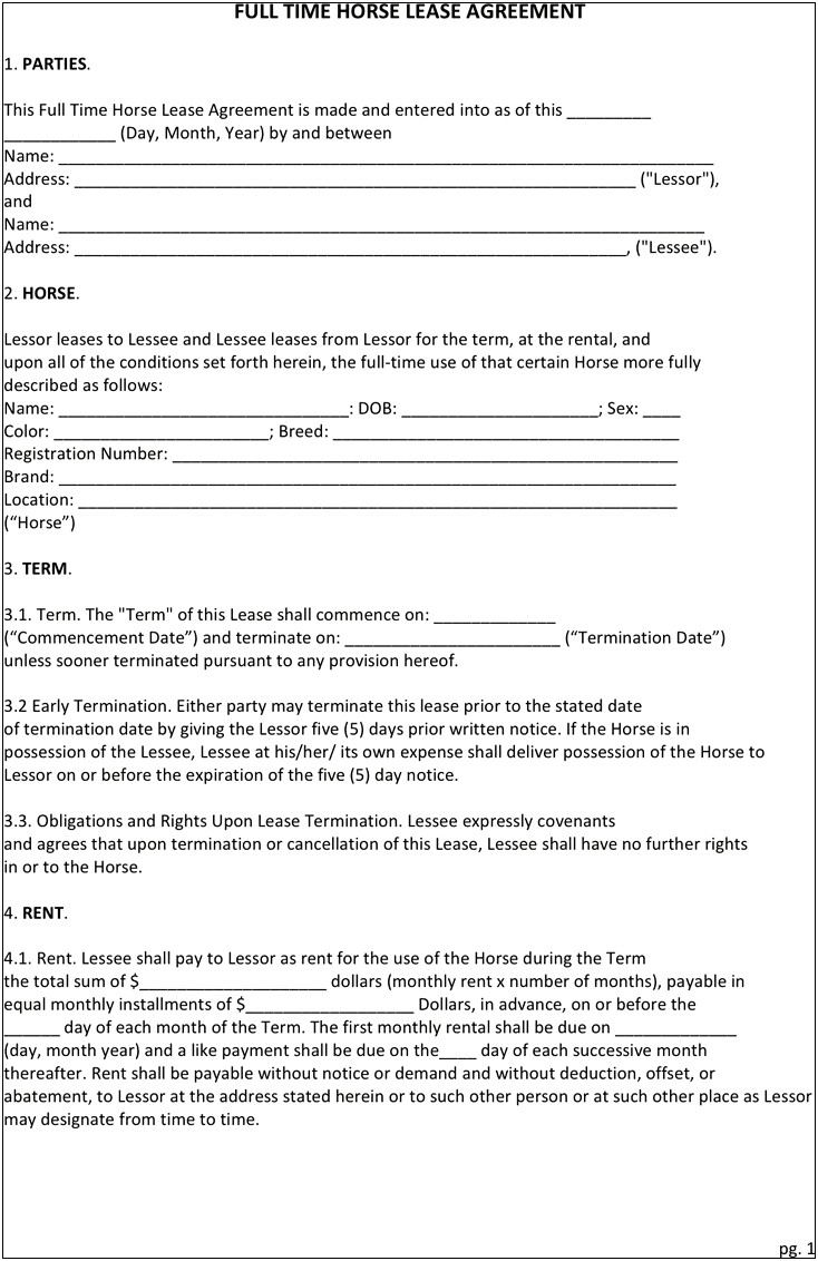 ﻿printable Template For Horse Free Lease Agreement