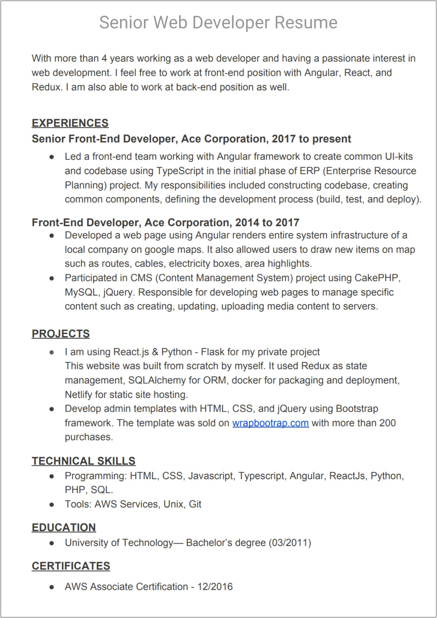 1 Year Experience Front End Php Resume Sample