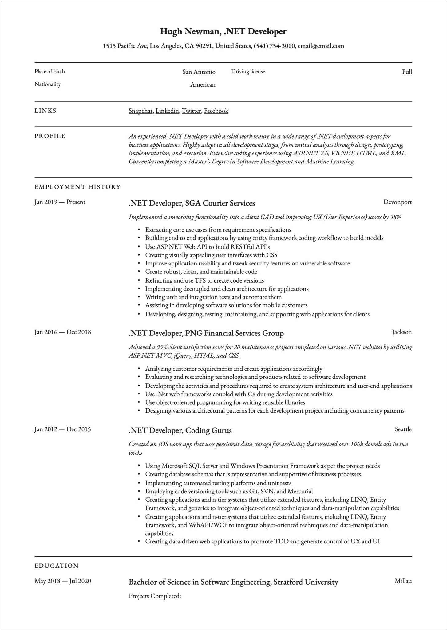 1 Year Experience Net Resume Format