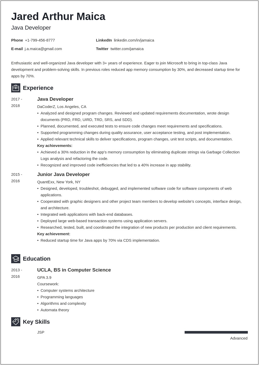 1 Year Experience Resume Format Java Developer