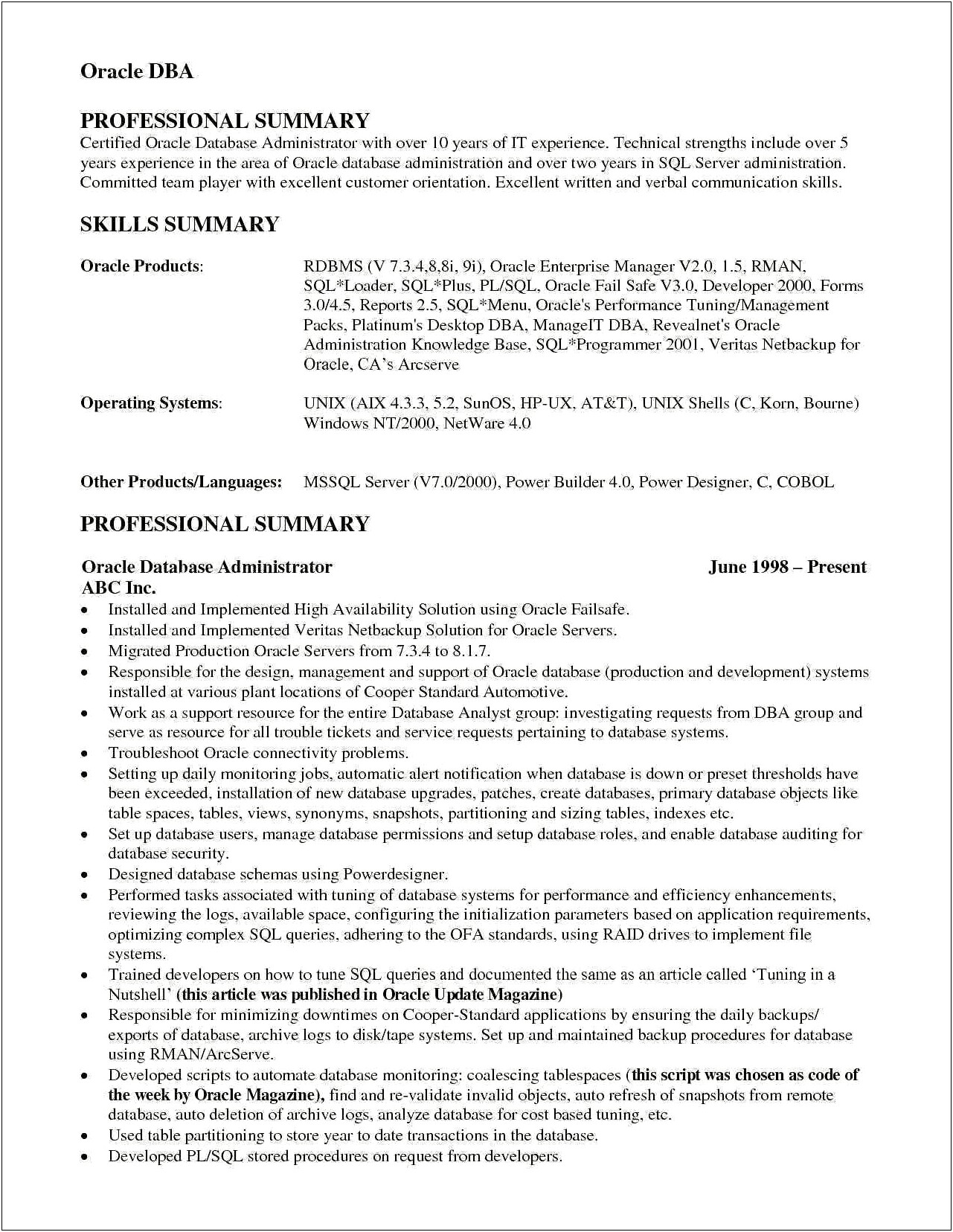 1 Year Experience Resume In Oracle Sql