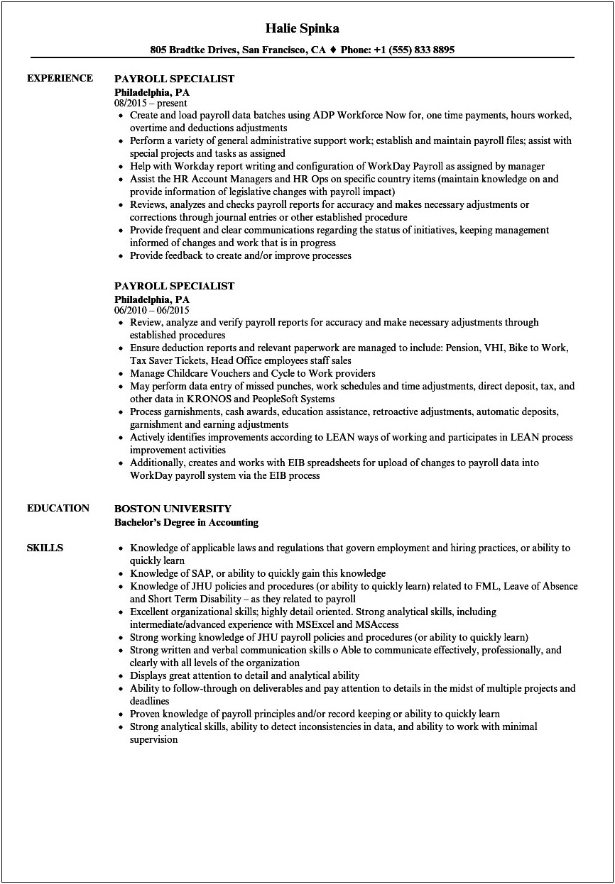 1 Year Experience With Payroll Resume Sample