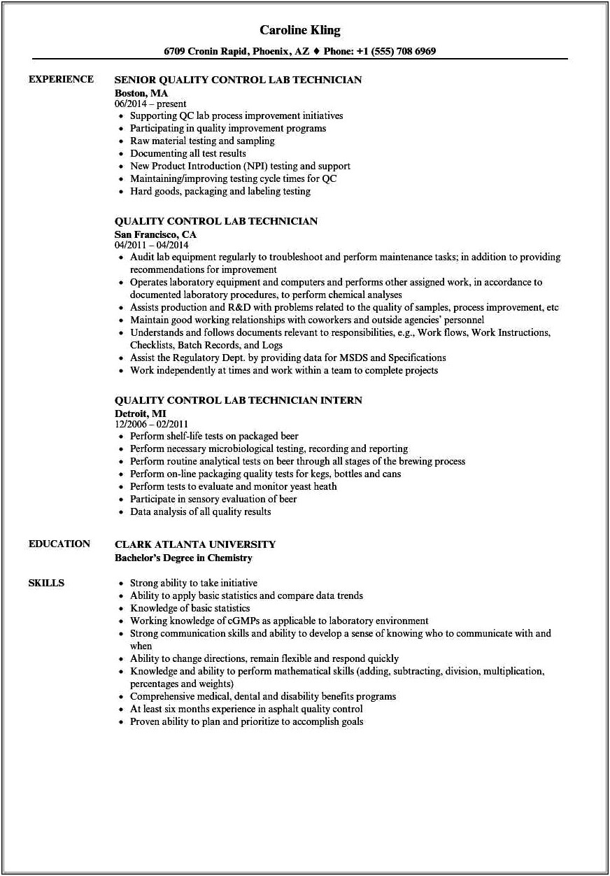 1 Year Quality Control Experience Resume