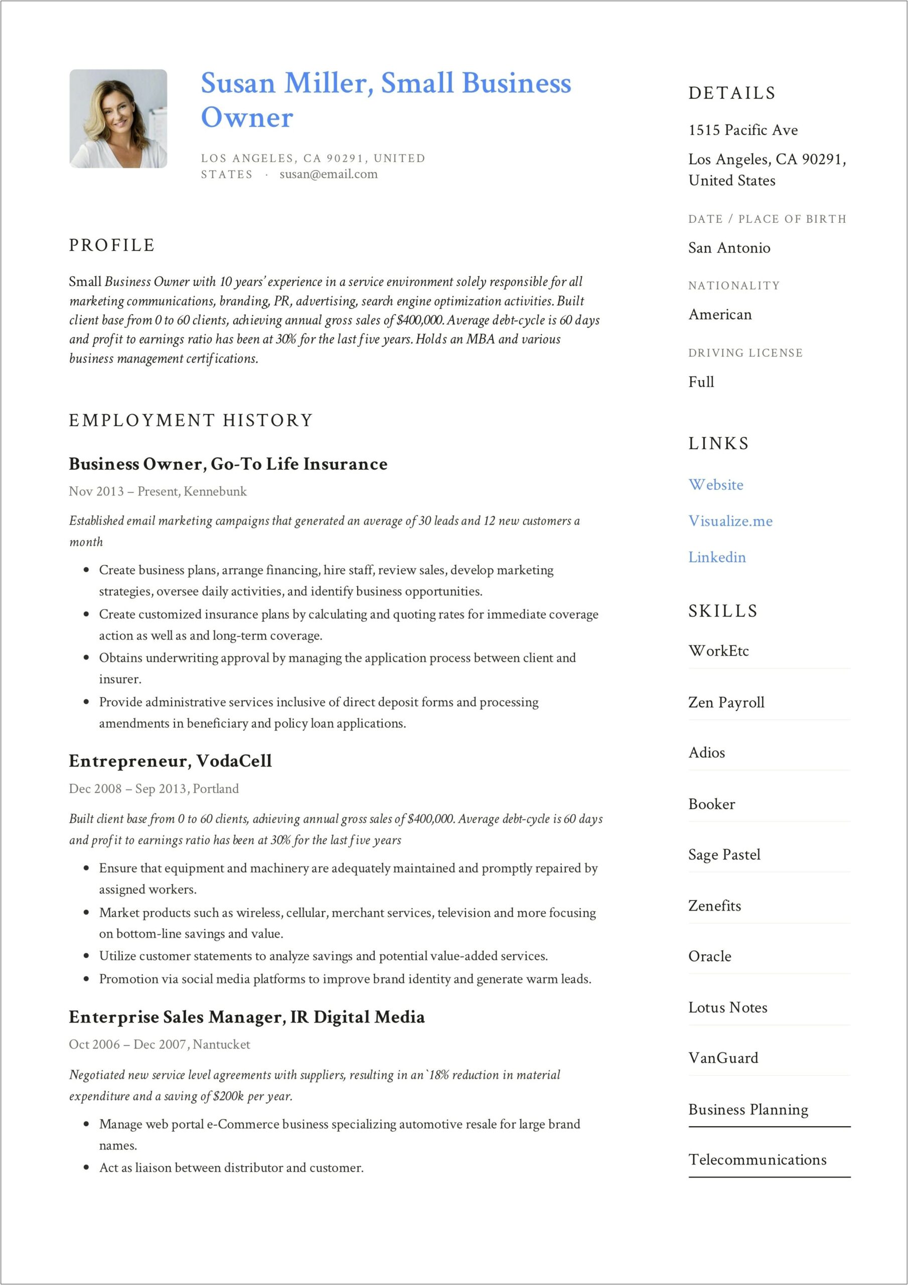 15+ Year Business Owner Resume Summary Statement