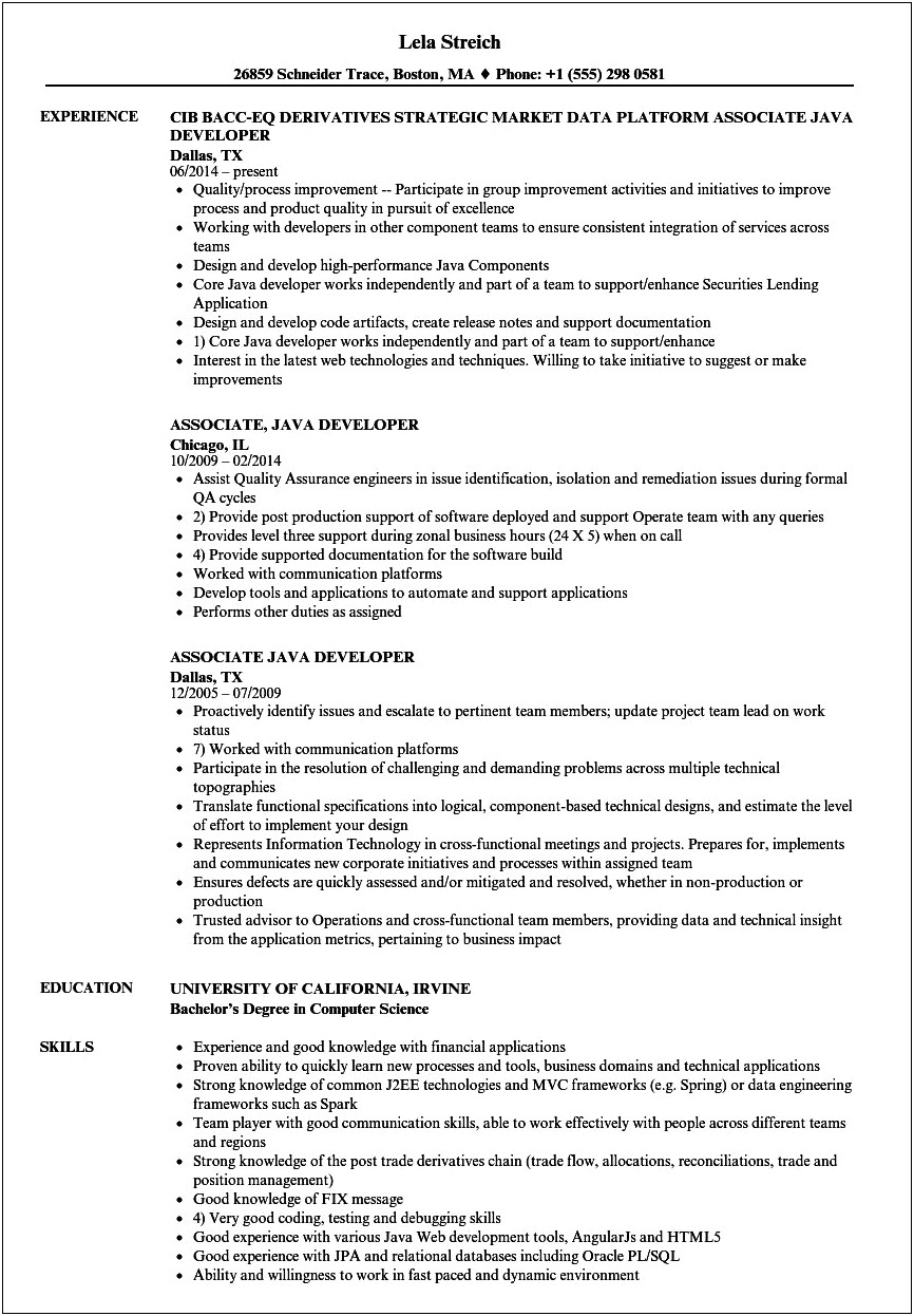 2 Year Java Experience Resume Format
