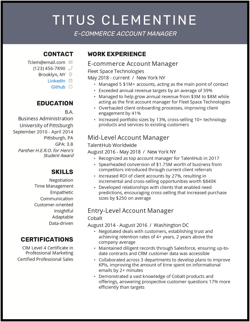2018 Account Manager Resume Samples From Mosiac