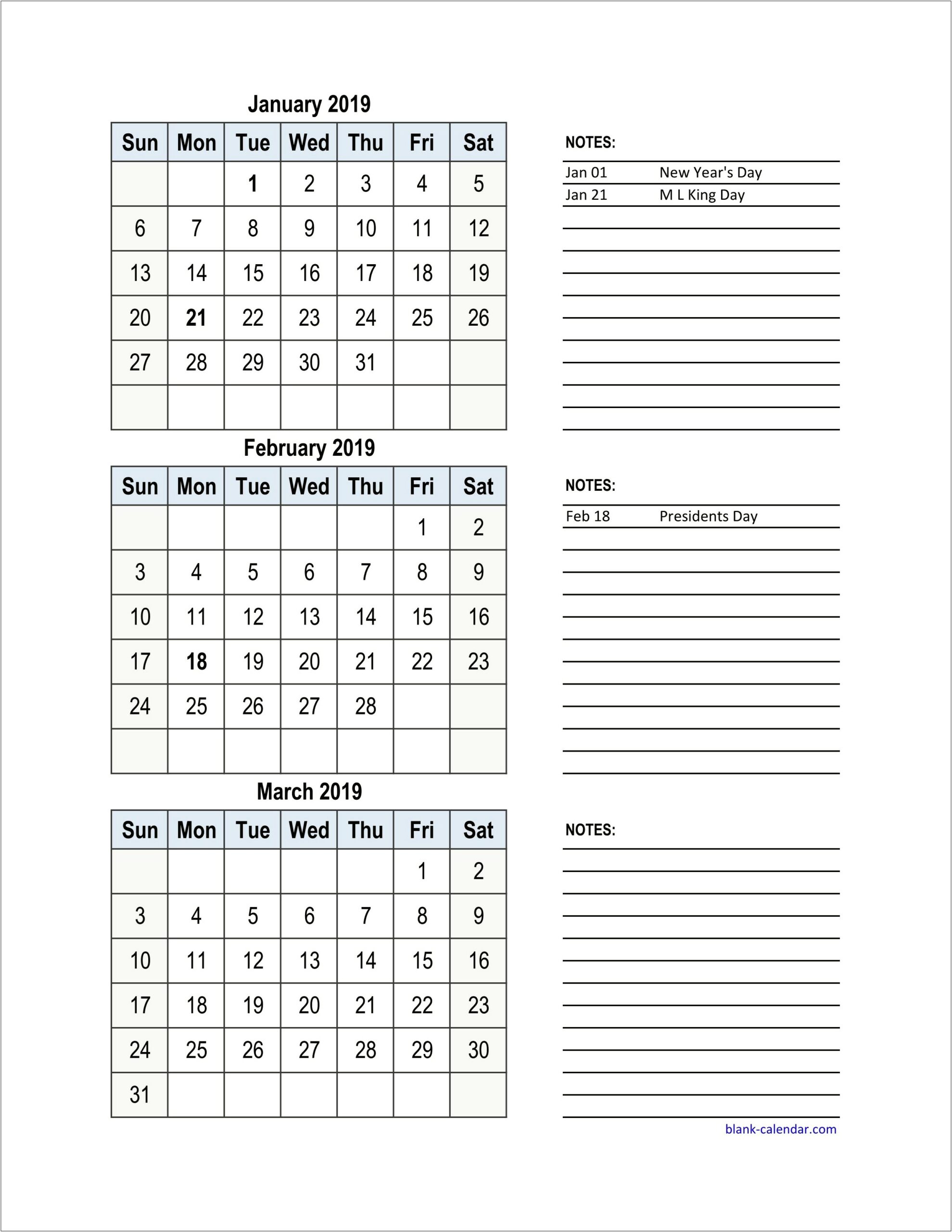 2019 Monthly Calendar Excel Template Xls Download