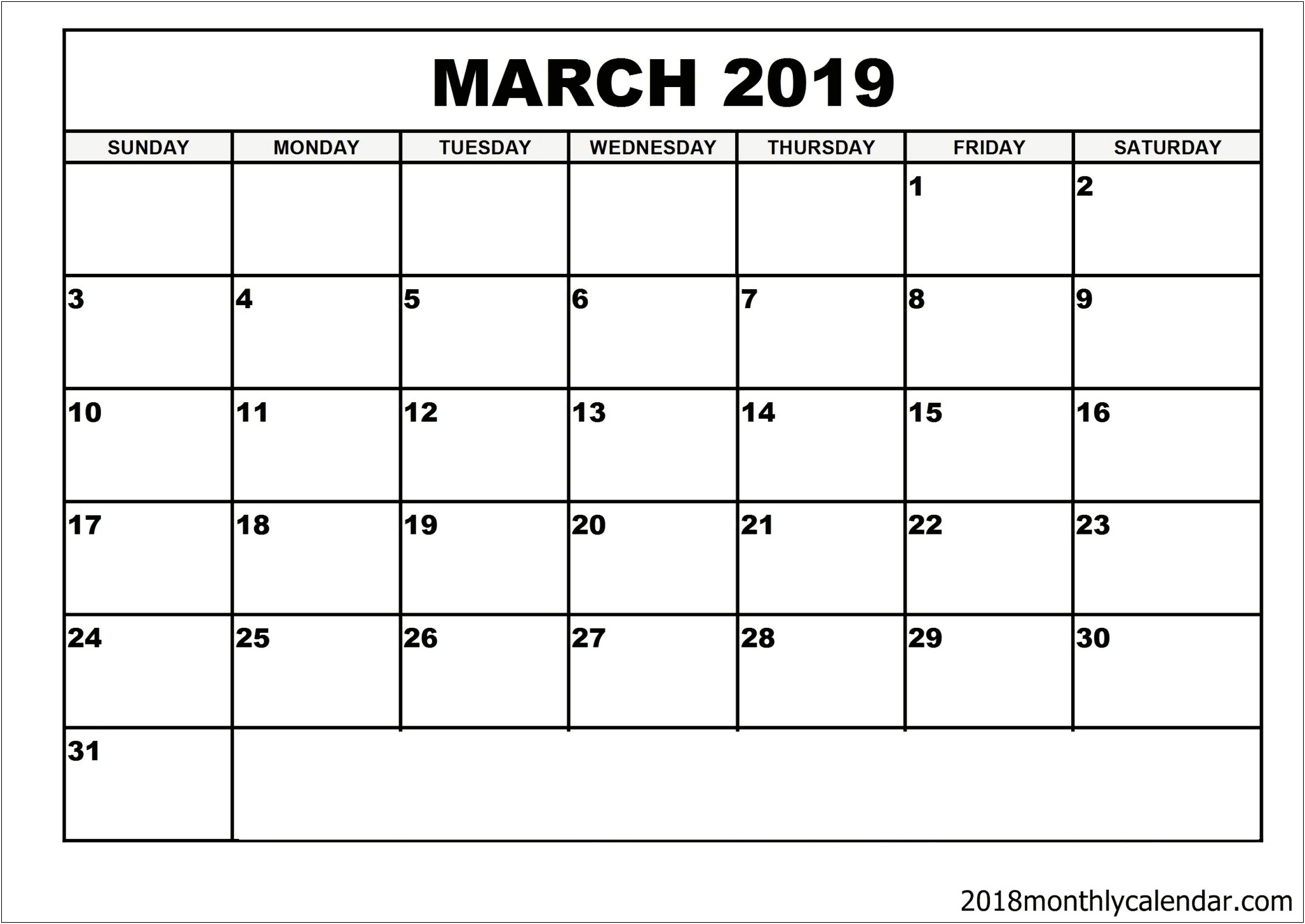 2019 Monthly Calendar Template Excel Download