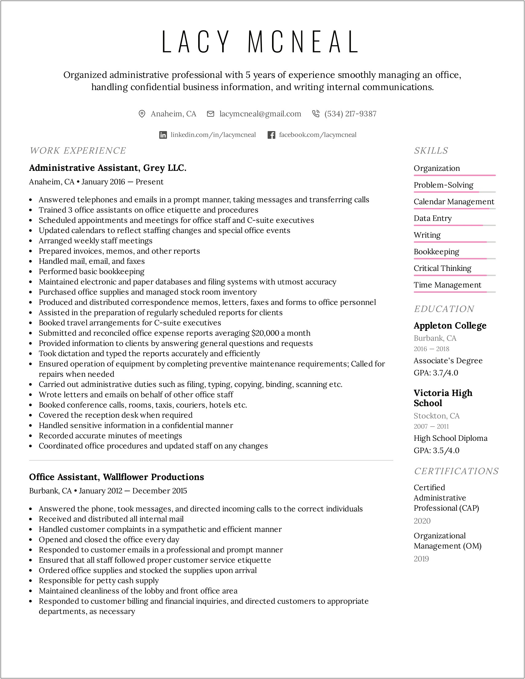 2019 Resume Examples For Administrative Assistants