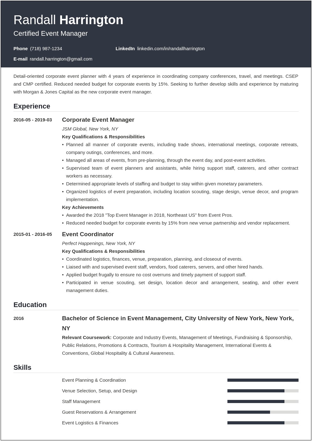 2019 Resume Objective For Event Manager