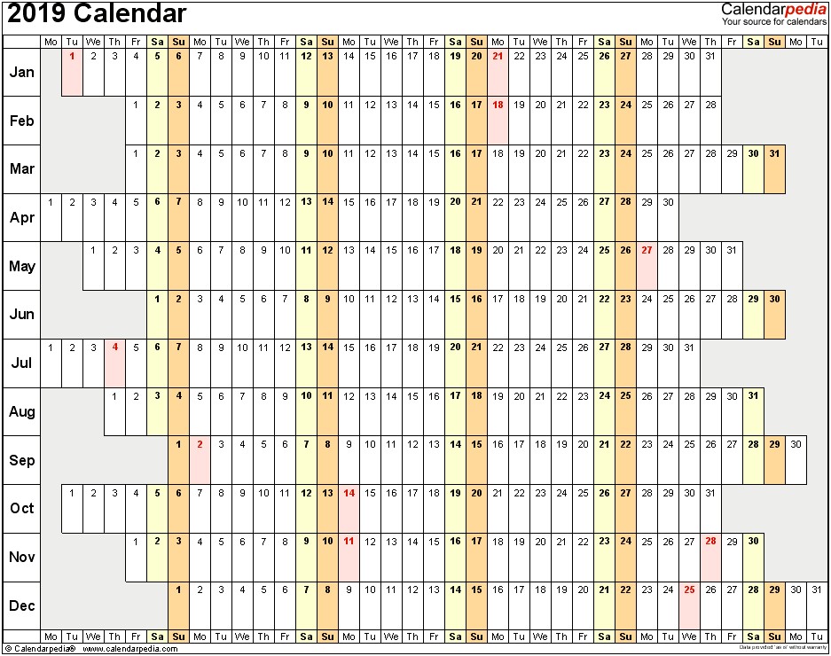 2019 Yearly Calendar Template Excel Download