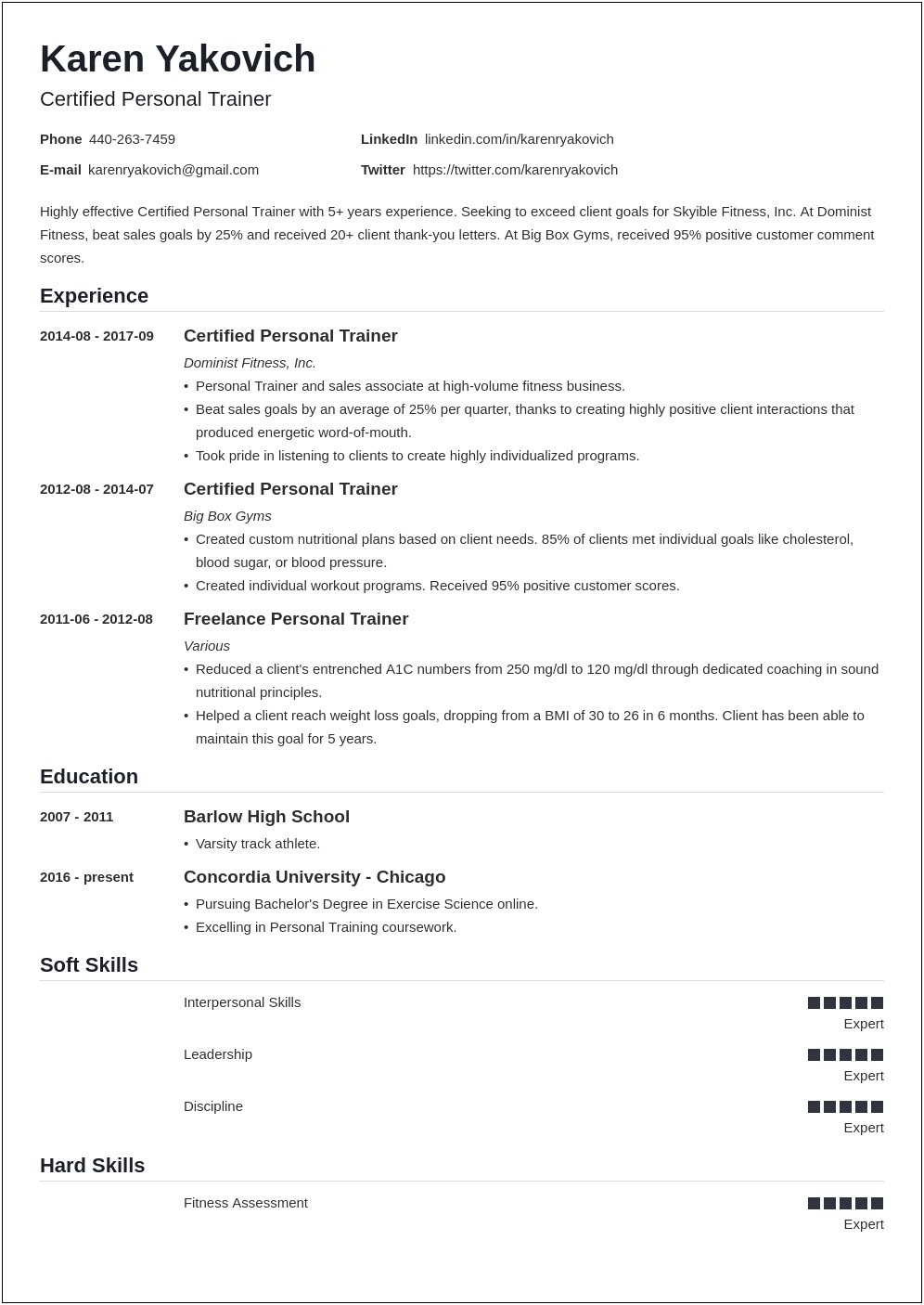 24 Hour Fitness Personal Trainer Example Resume