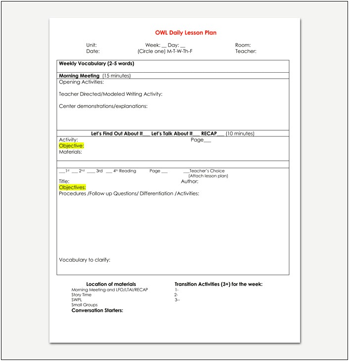 5 Minute Lesson Plan Template Download