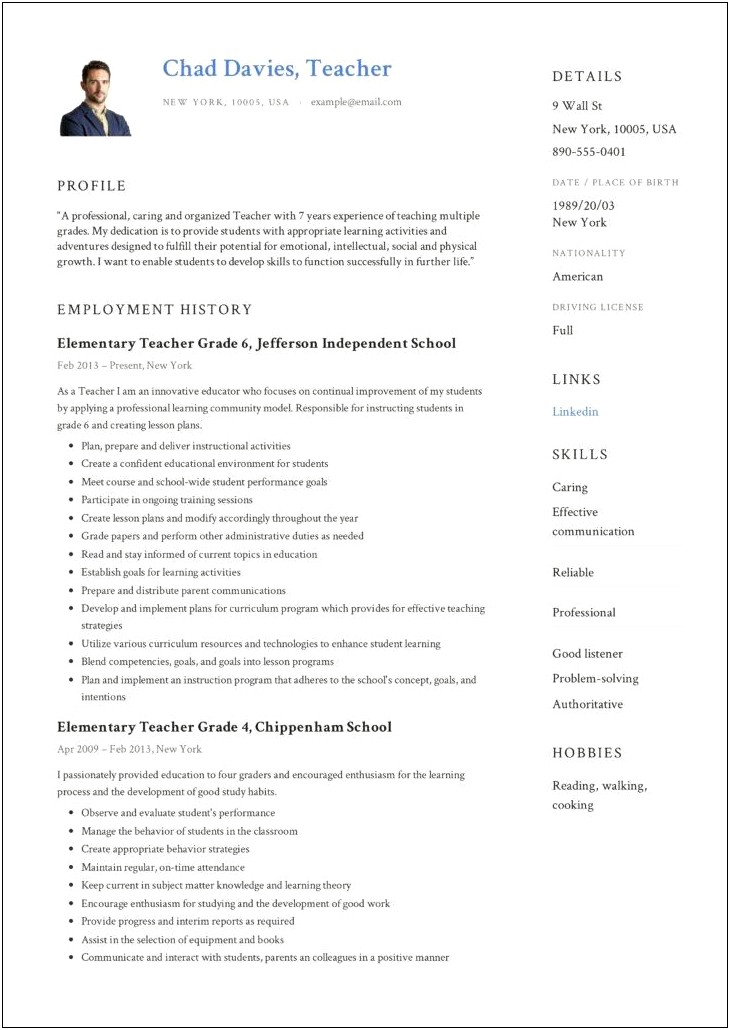 5th Grade Teacher Job Description For Resume