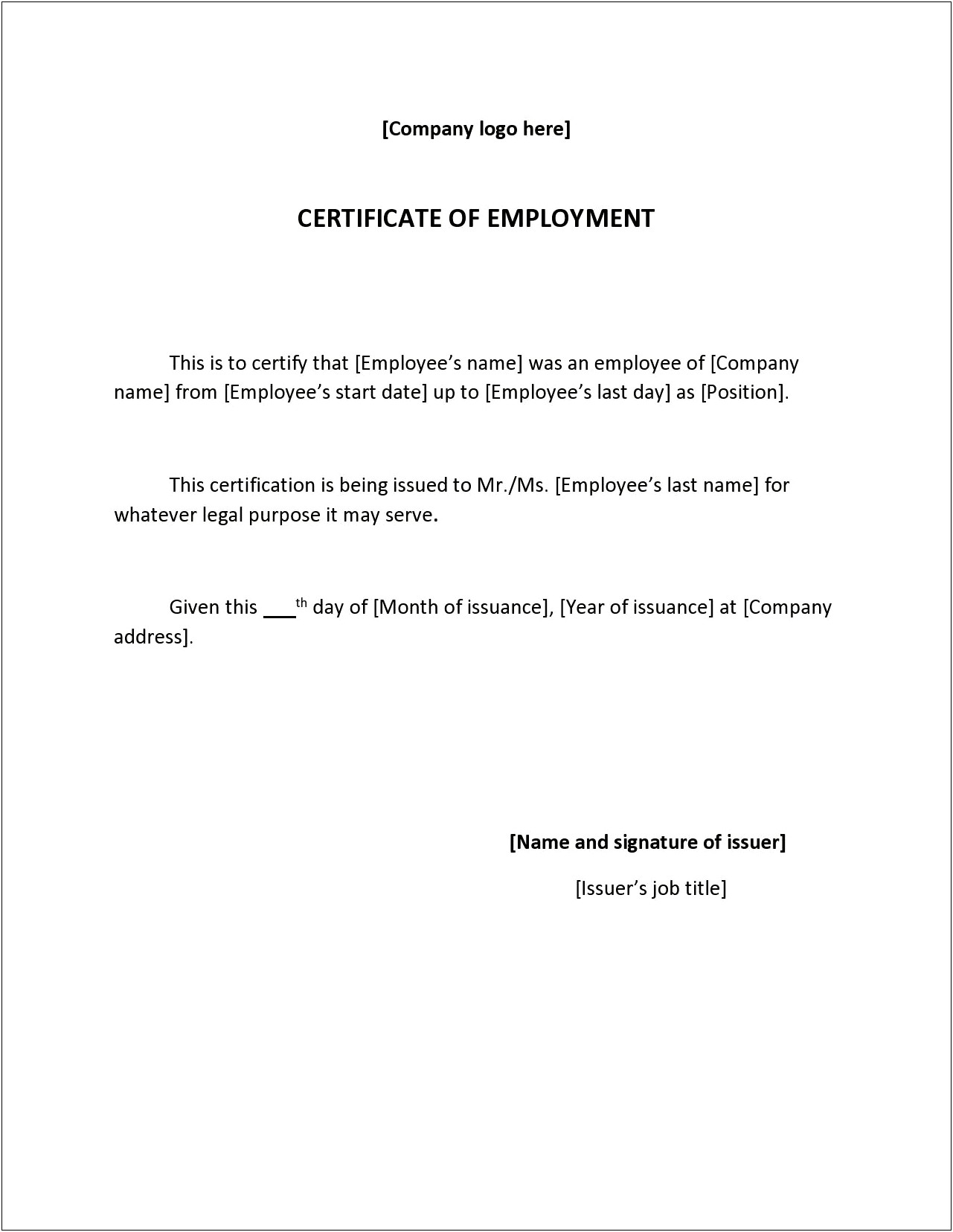 A Certificate Of Employment Template Download