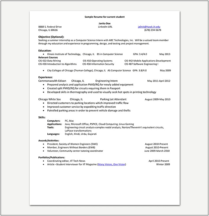 A Good Computer Sicence Student Resume