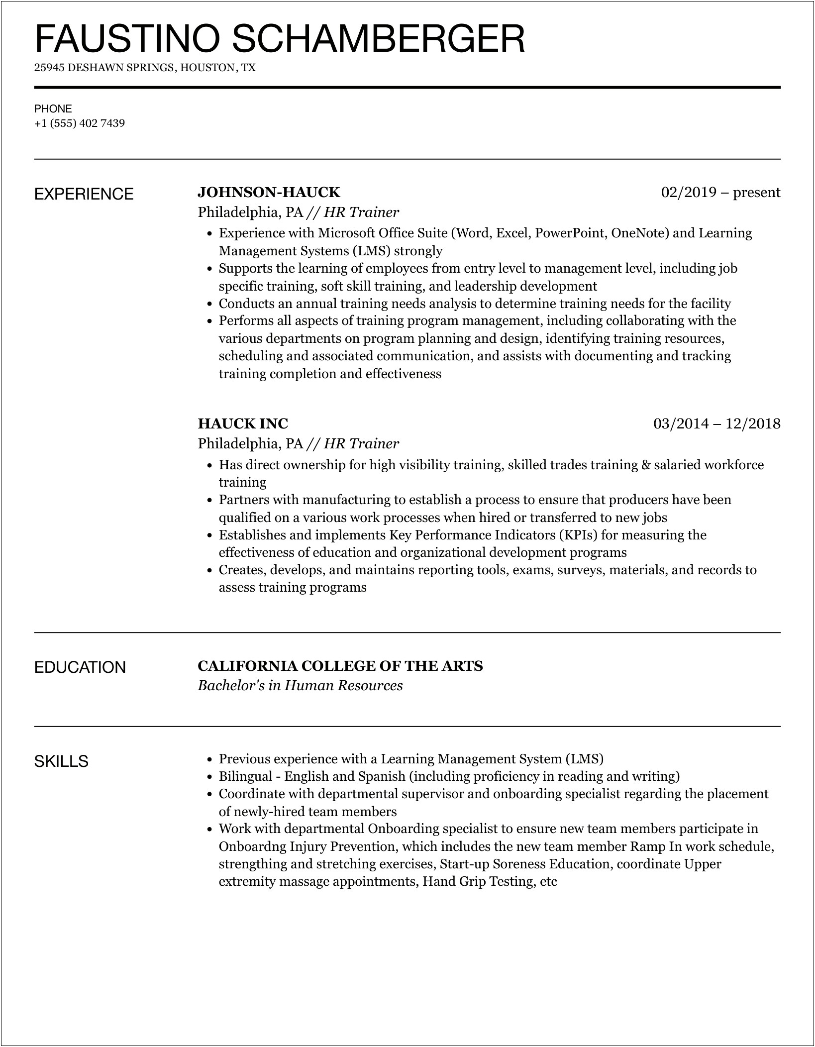 A Good Resume For A Human Resources Trainer