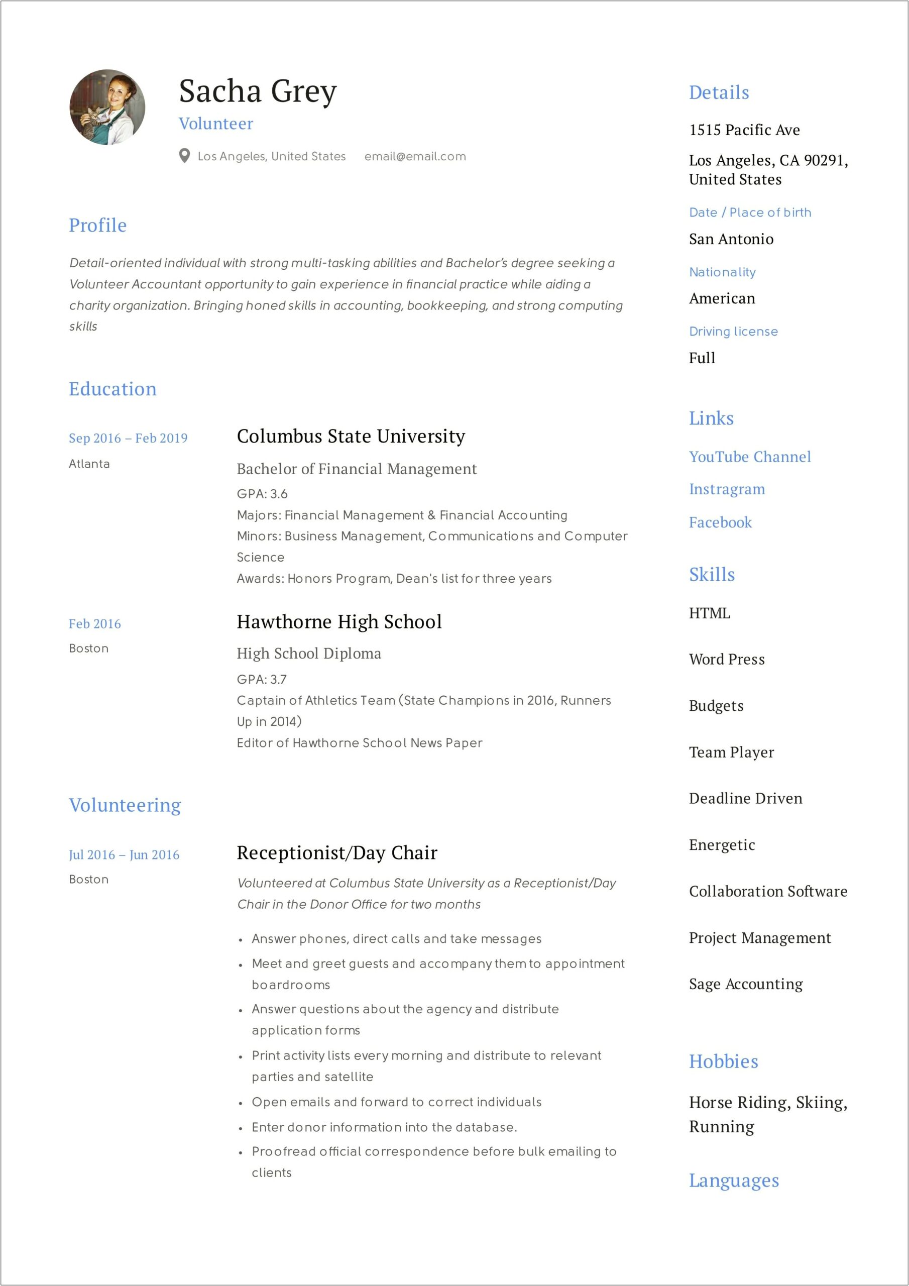A Resume Example Including Volunteer Hours