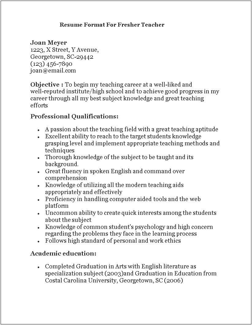 A Sample Resume For An English Teacher