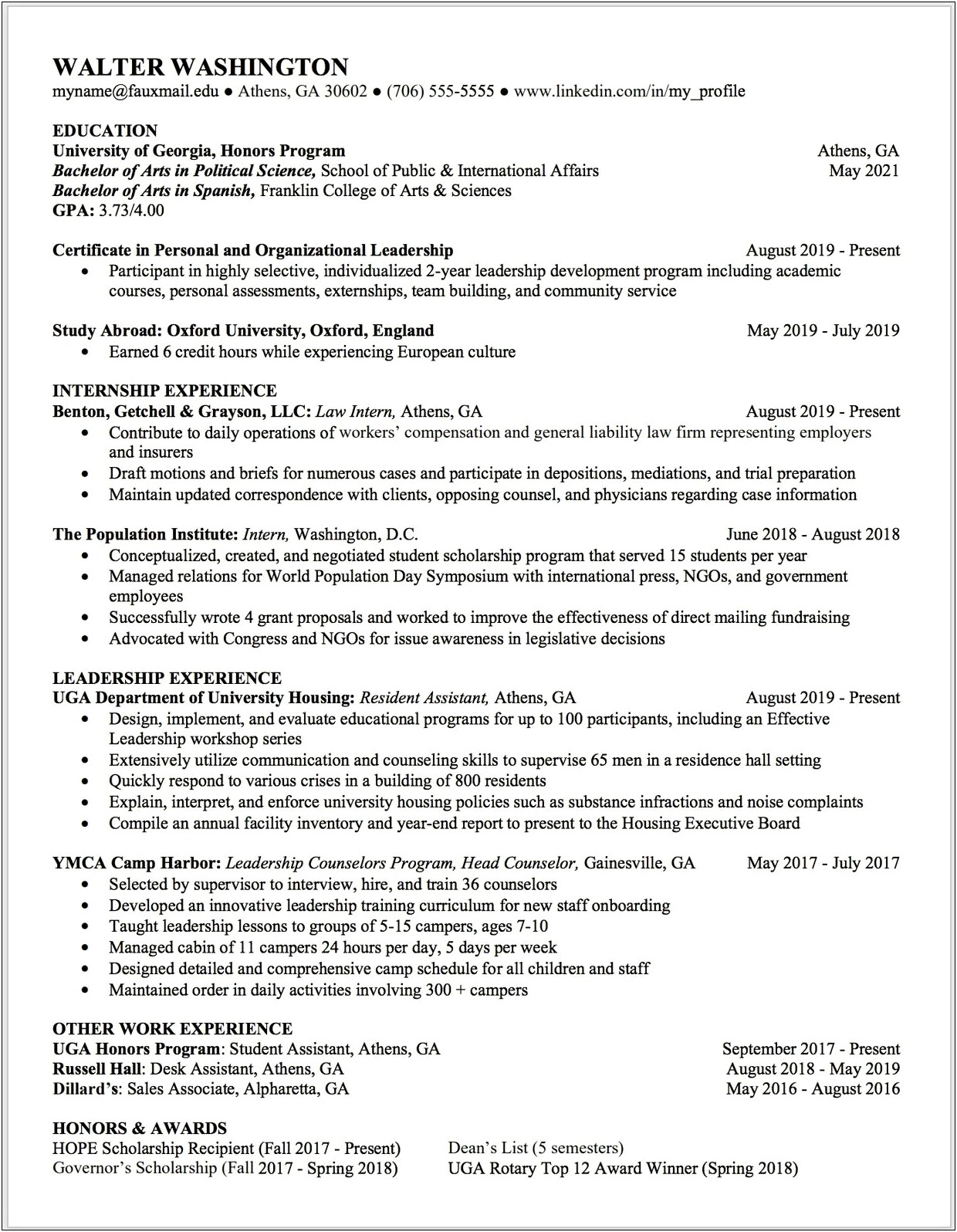 Academic Resume For Law School Template