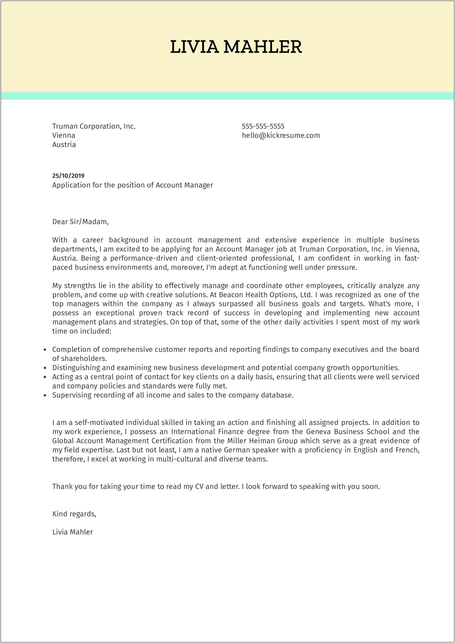 Account Manager Cover Letter Resume Sample