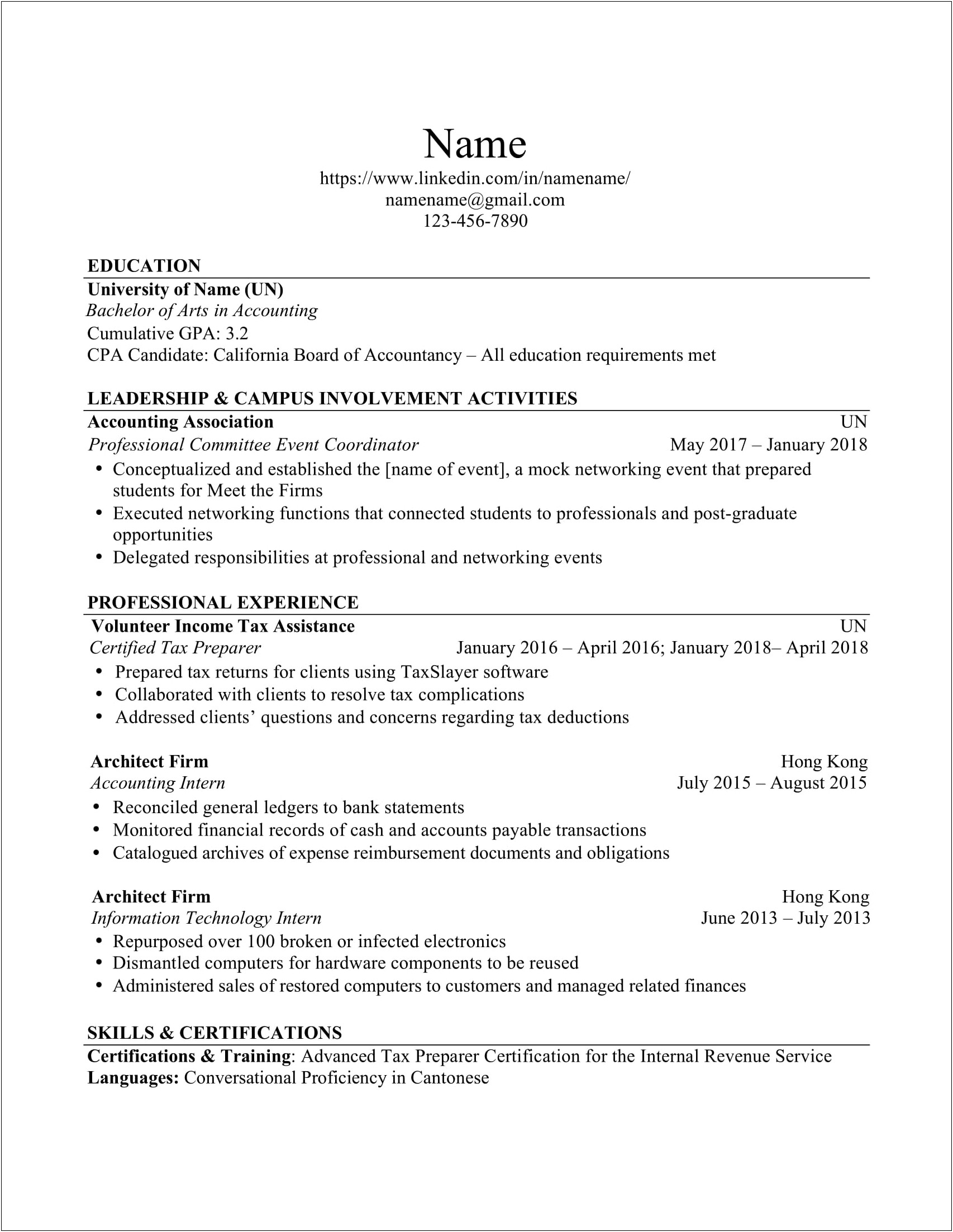 Accounting Internship Resume With No Accounting Experience