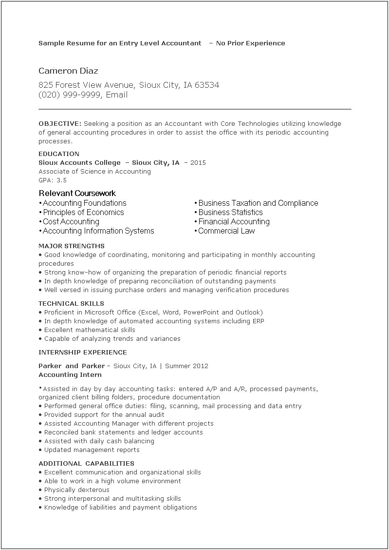 Accounting Resume For Someone With No Work Experience