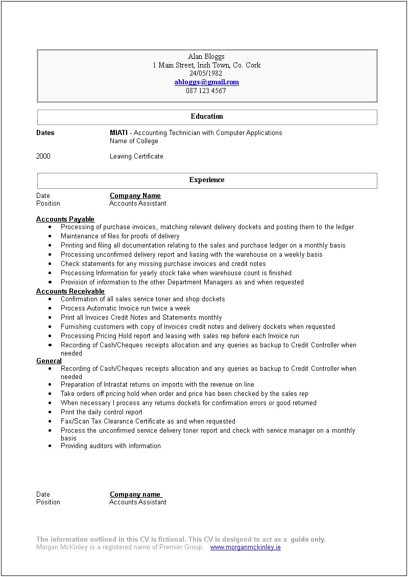 Accounting Technician Job Description For Resume