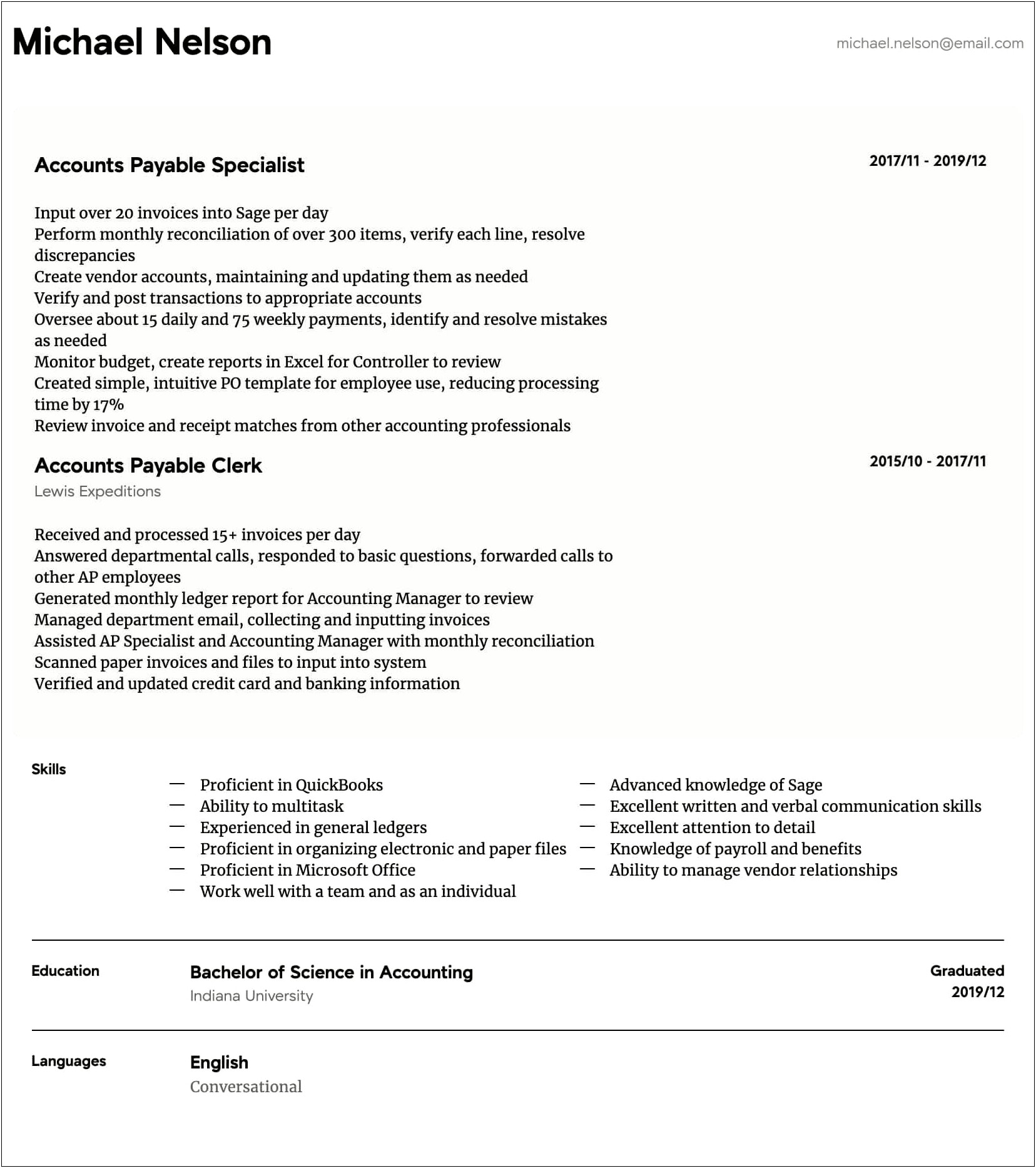 Accounts Payable And Receivable Clerk Resume Sample