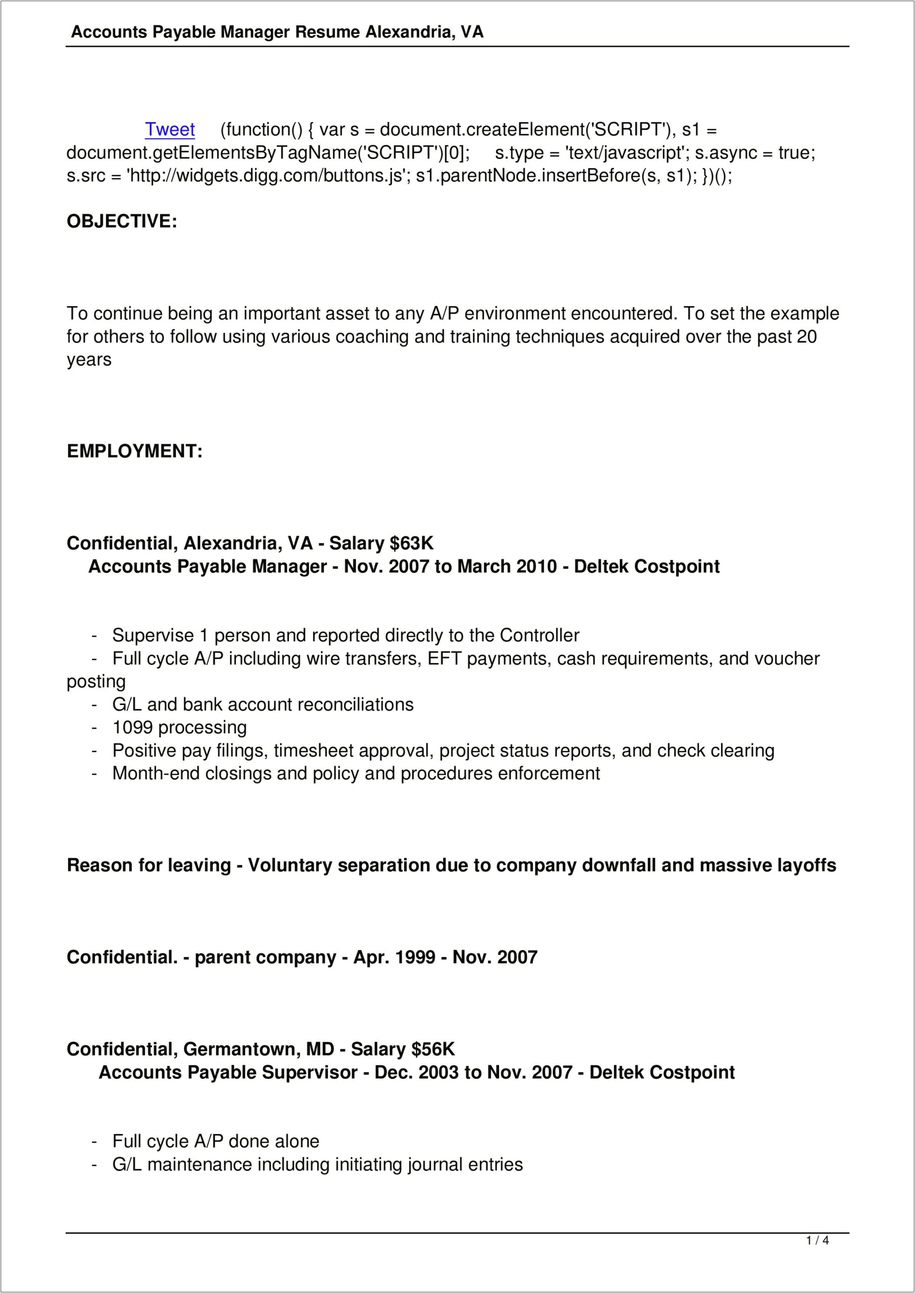 Accounts Payable Resume For 1 Year Experience