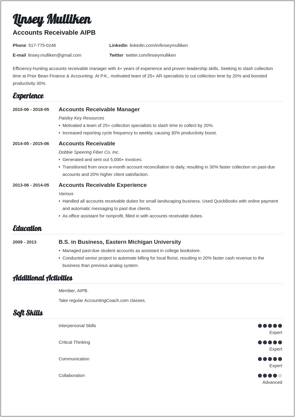 Accounts Receivable Job Description Resume Sample