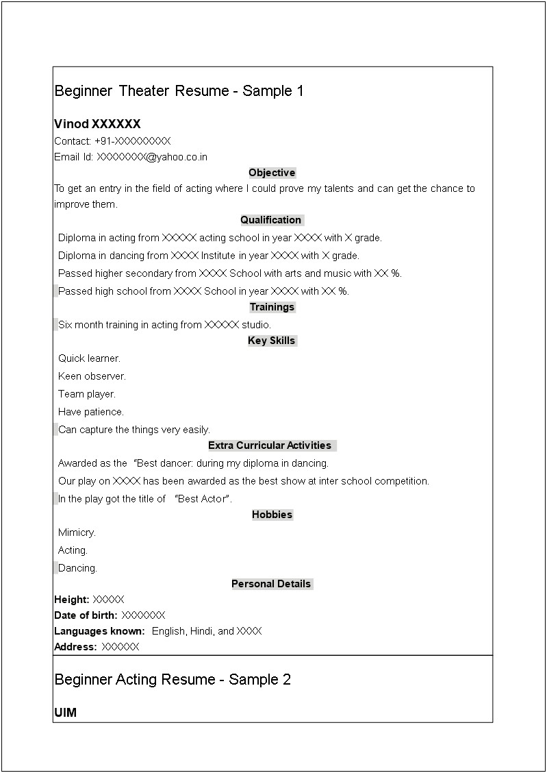 Acting Resume Examples For Beginner's