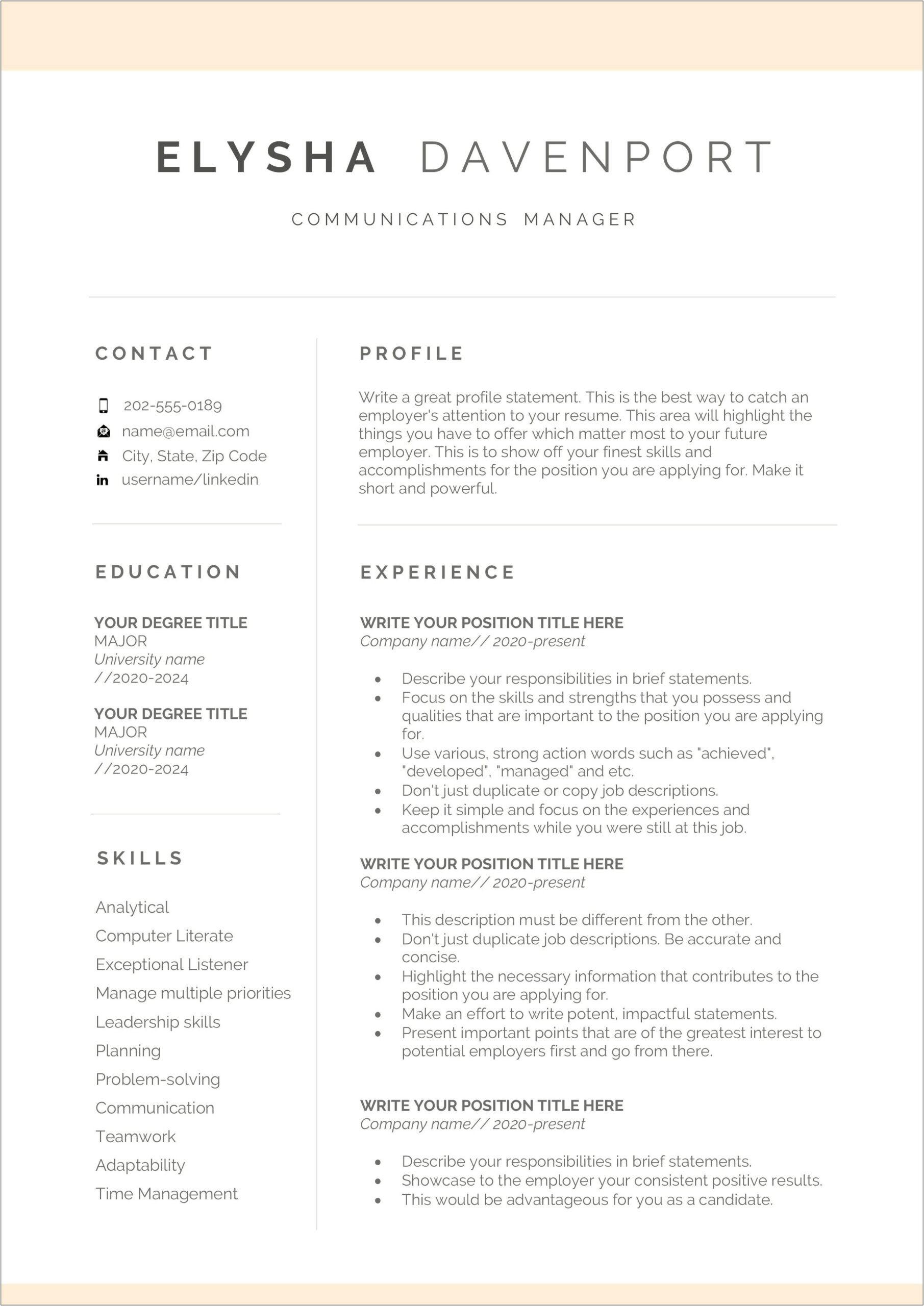 Action Word Resume Leadership Management Position