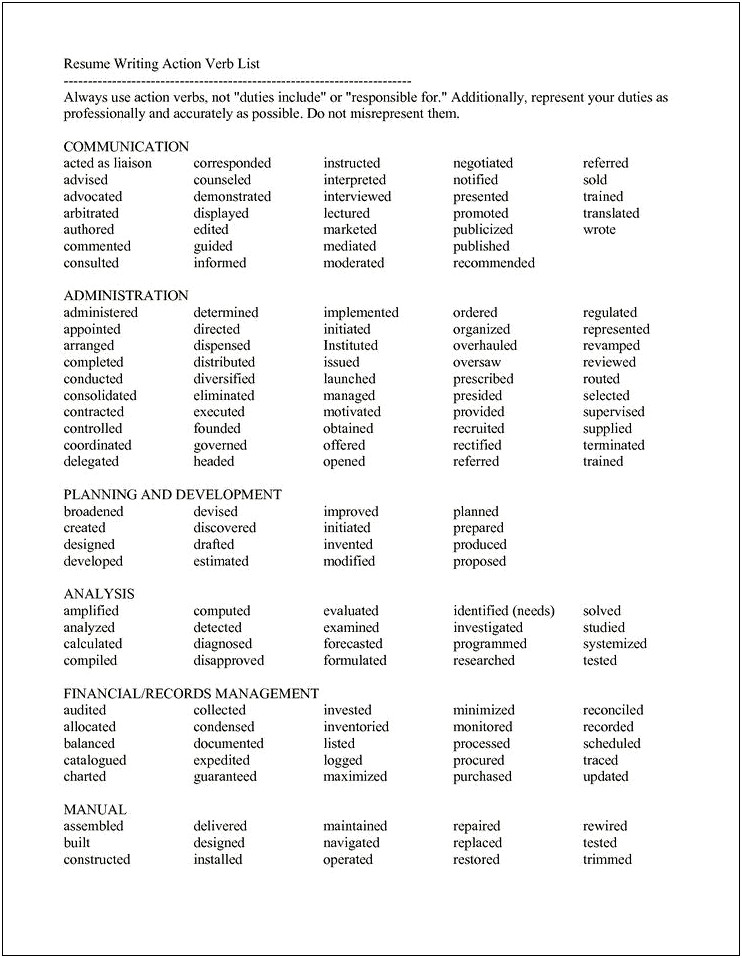 Action Words To Use For Resume