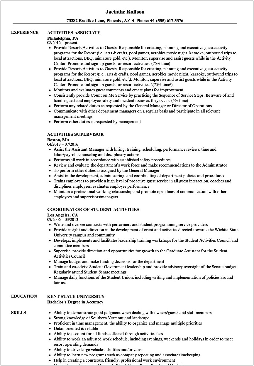 Activities And Honors Examples For Resume