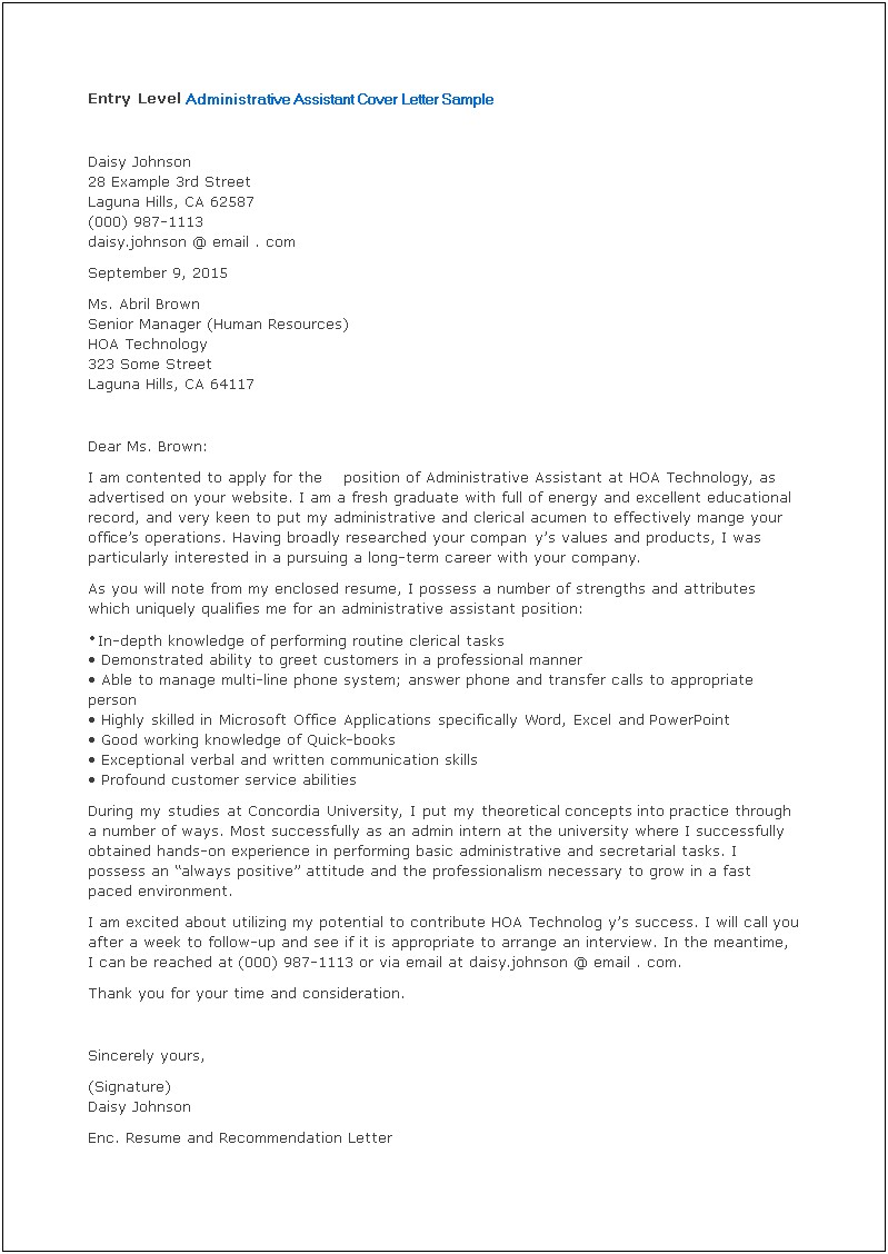 Administrative Assistant Resume Cover Letter Sample