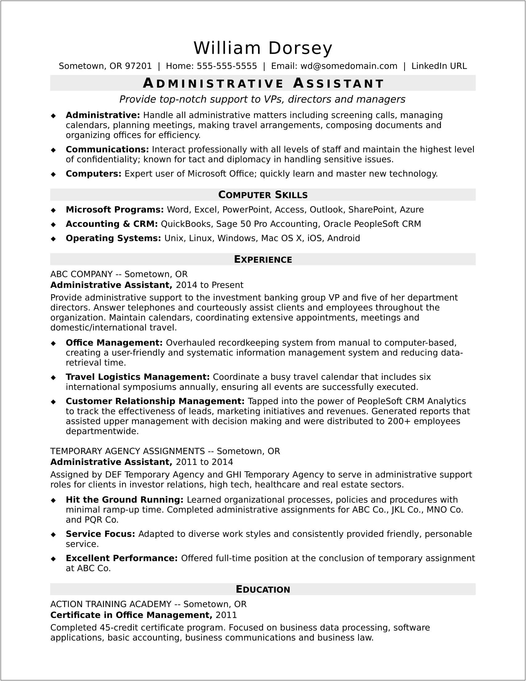 Administrative Assistant Resume Template Microsoft Word
