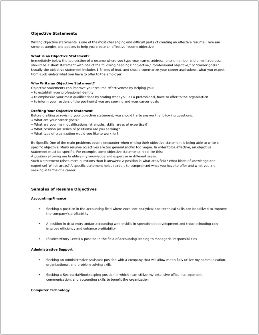 Administrative Or Data Entry Objective On Resume