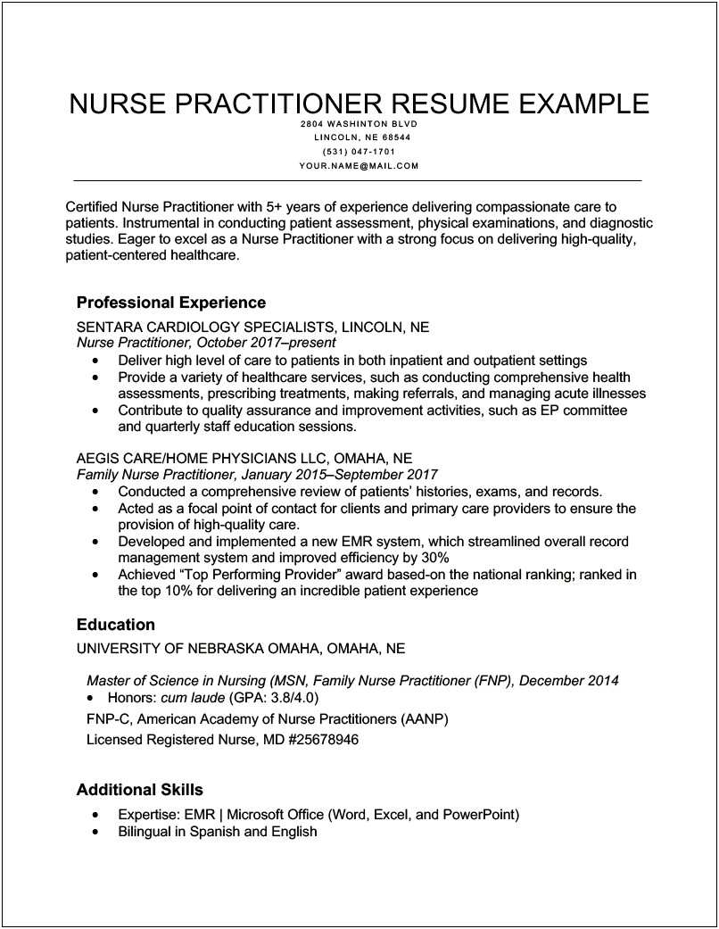 Advanced Practice Nurse Sample Nurse Practitioner Resume