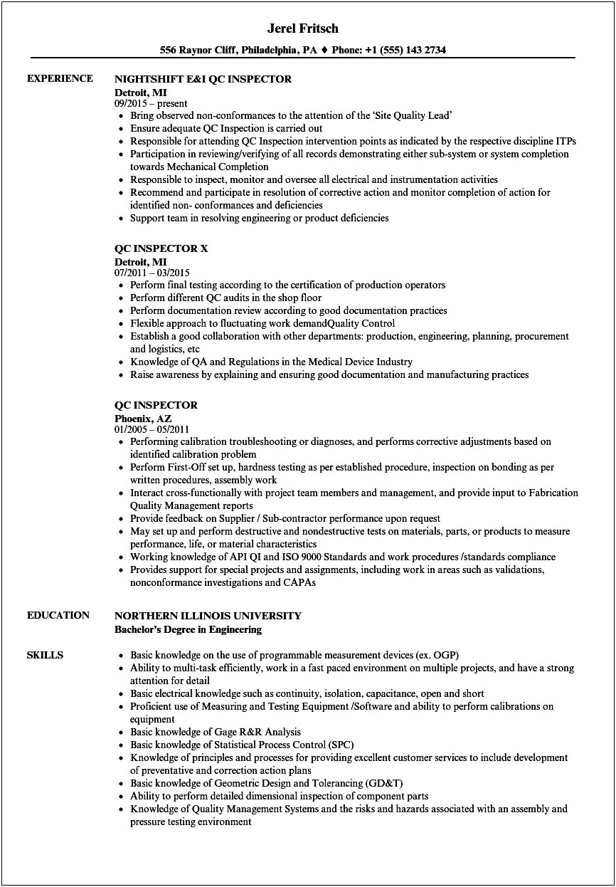 Aerospace Quality Assurance Inspector Resume Examples