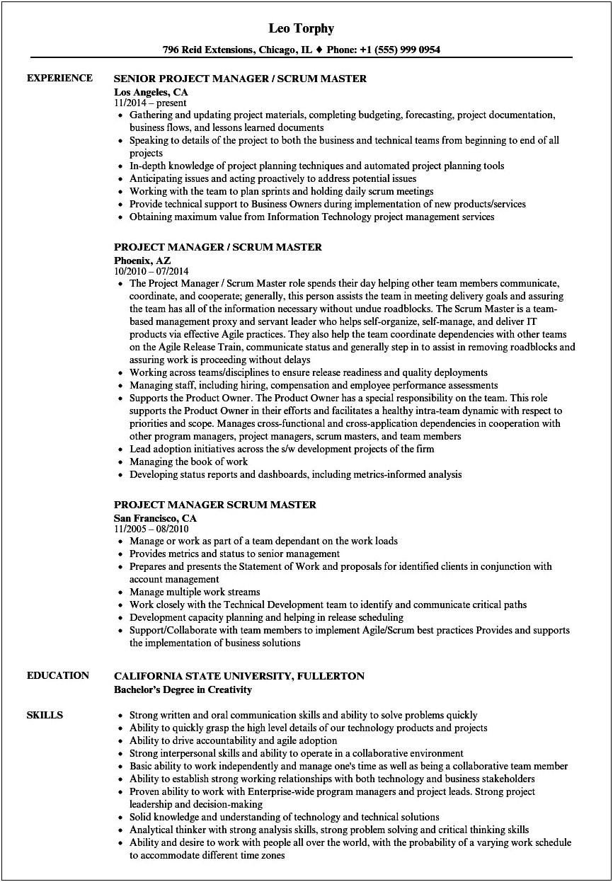 Agile Project Manager With Scrum Resume