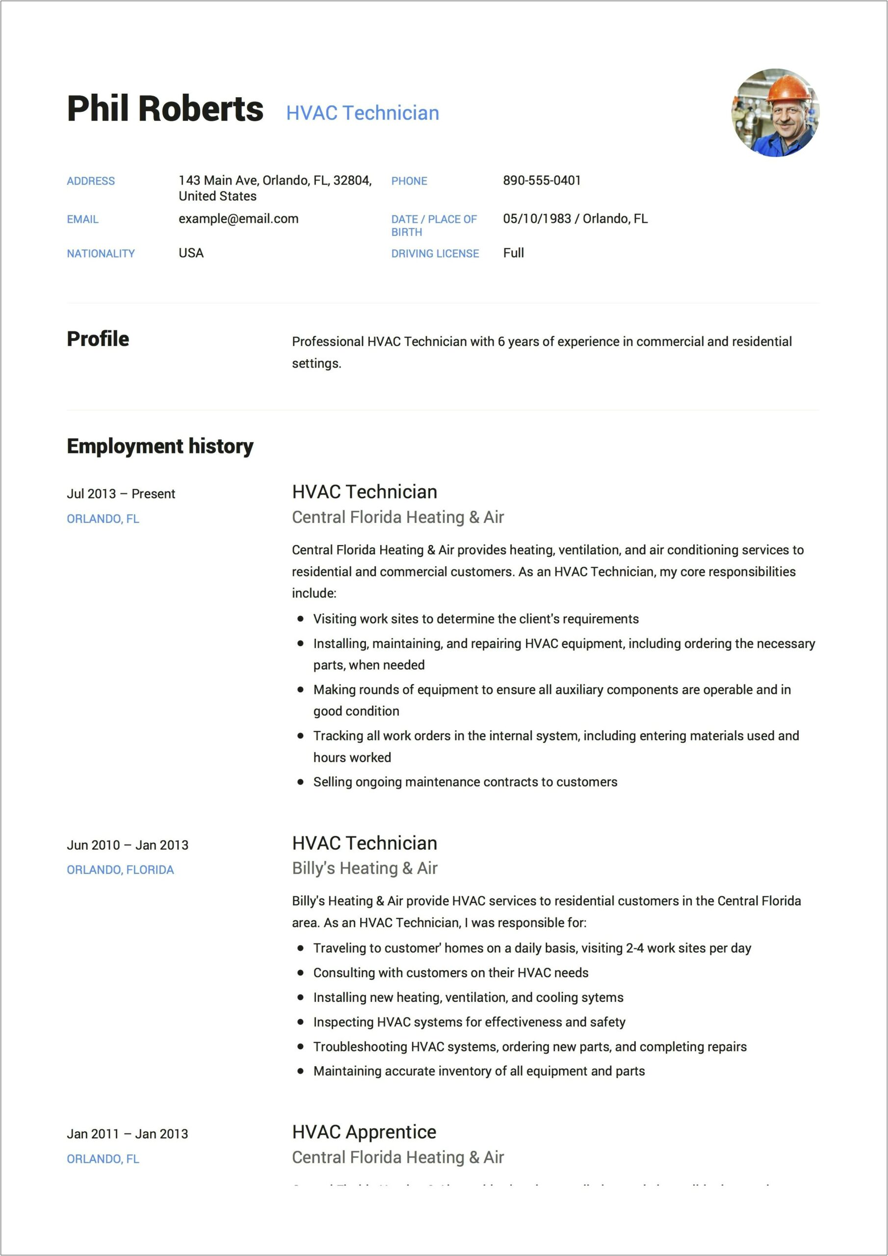 Air Conditioning Technician Assistant Resume Samples