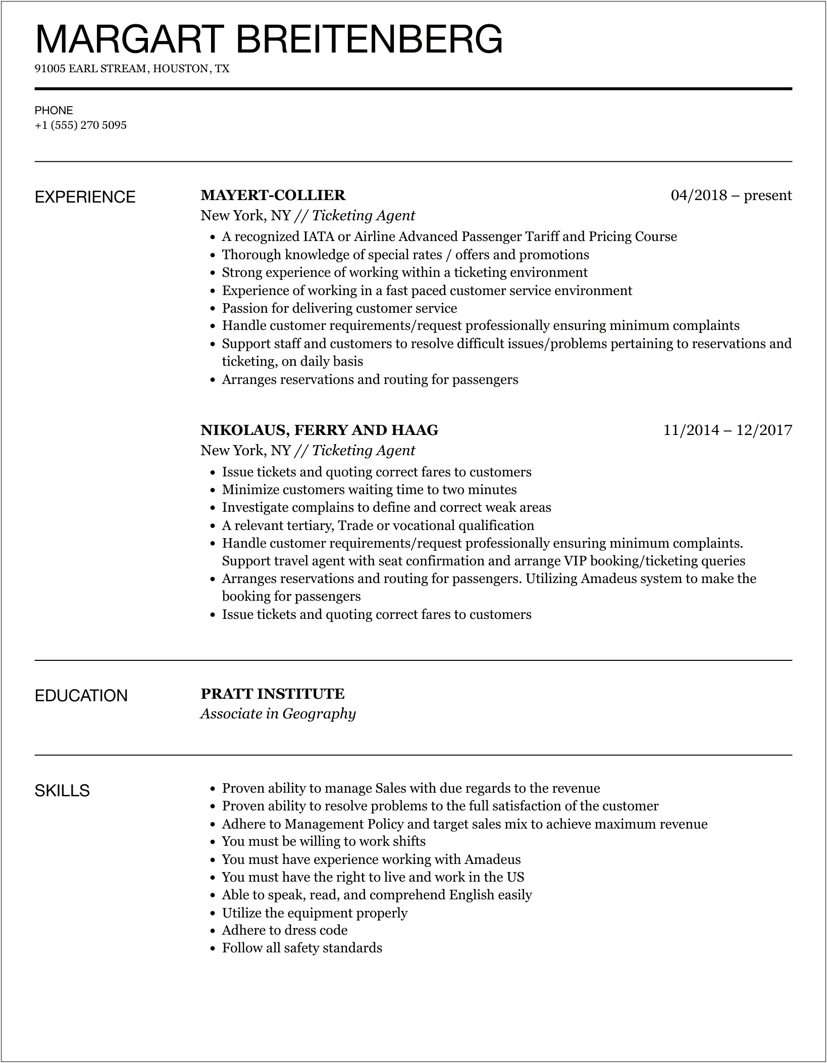 Airline Ticket Agent Job Description For Resume